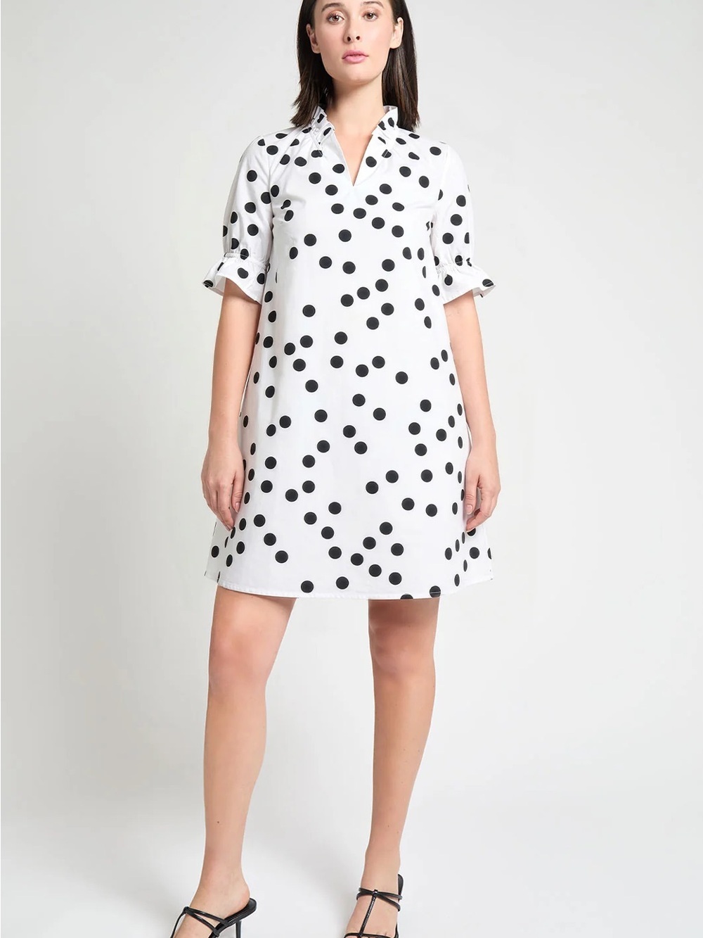 New Ming Wang Size XL Modern Fit Black Polka Dot Ruffle Cotton Poplin Dress